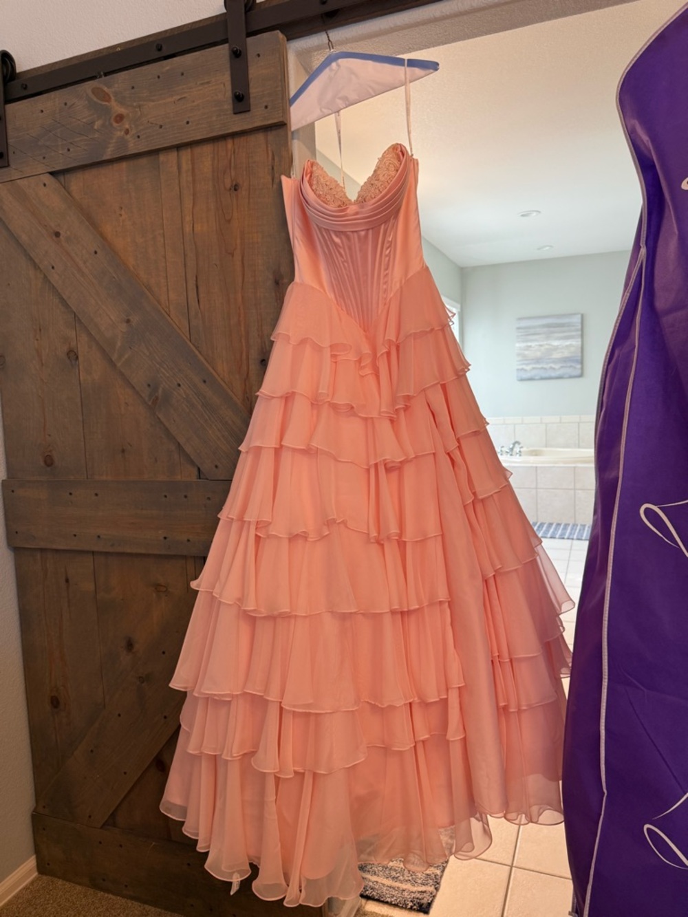 Sherri Hill Peach-Pink Strapless Layered Ruffle Gown Size 4 - Picture 4 of 6